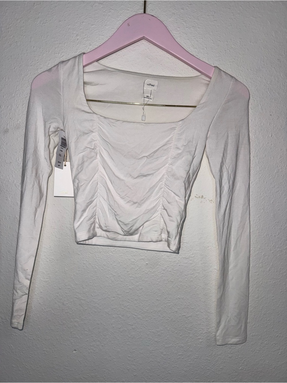 Wilfred White Ruched Square-Neck Long Sleeve Crop Top